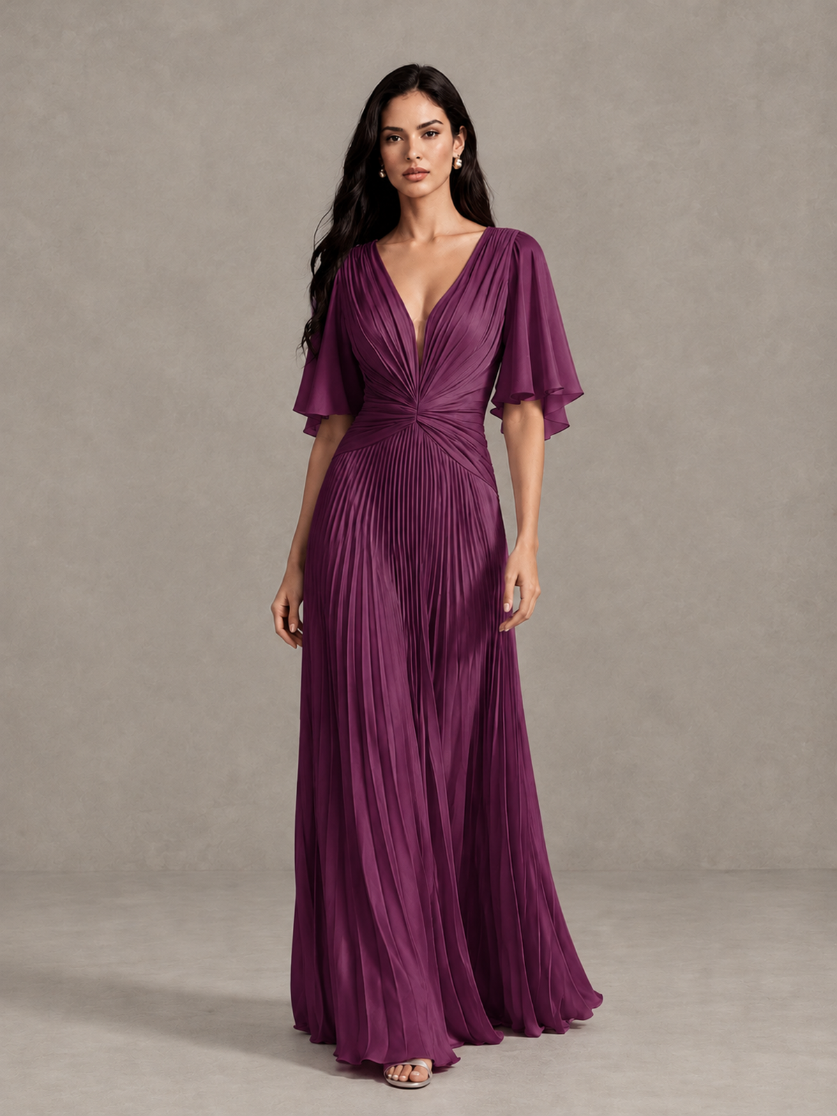 BOLODOO Plum Pleated V-Neck Flutter Sleeve Bridesmaid Dress - Plum - Plum (1)