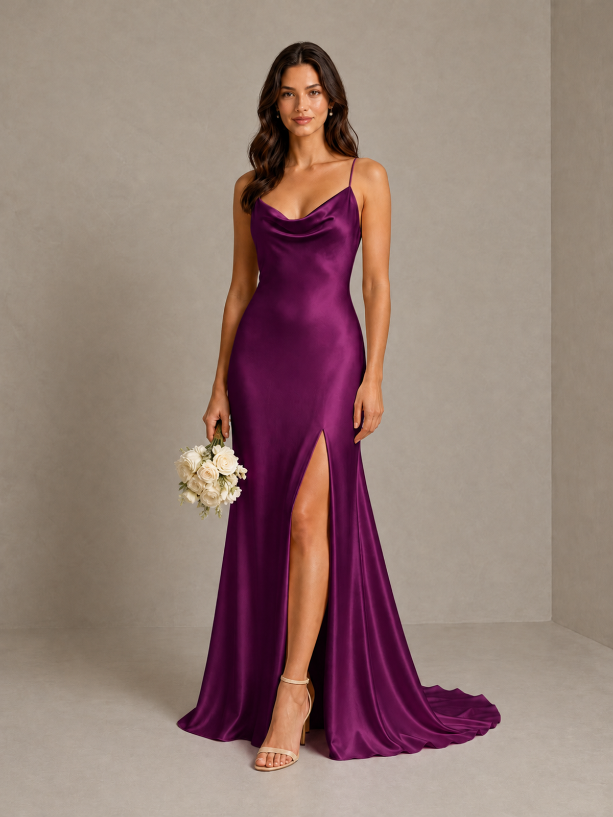 BOLODOO Plum Satin Cowl Neck Bridesmaid Dress with Open Back & Side Slit - Plum - Plum (1)