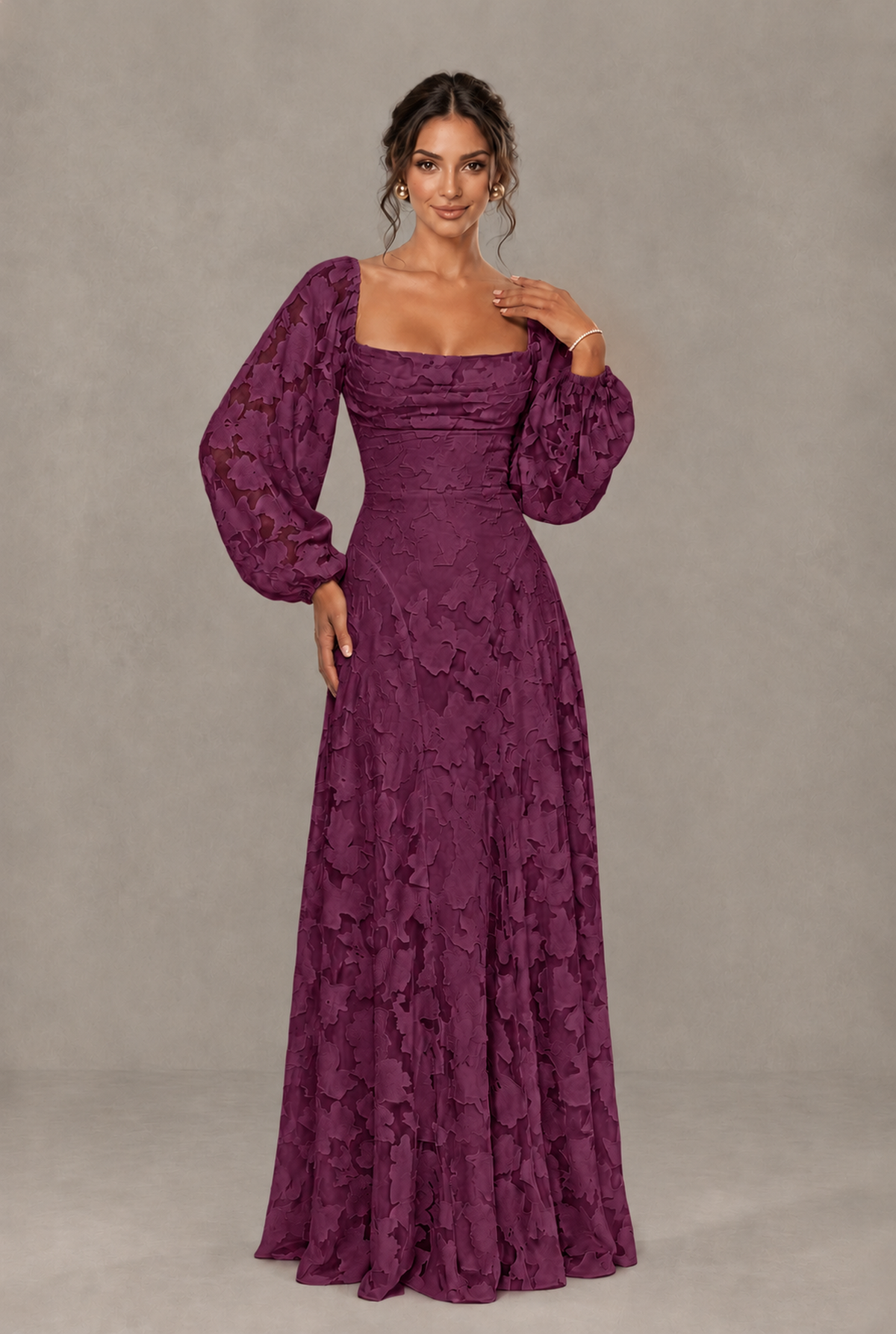 BOLODOO Floral Plum Long Sleeve A-Line Dress with Lace-Up Back - Plum