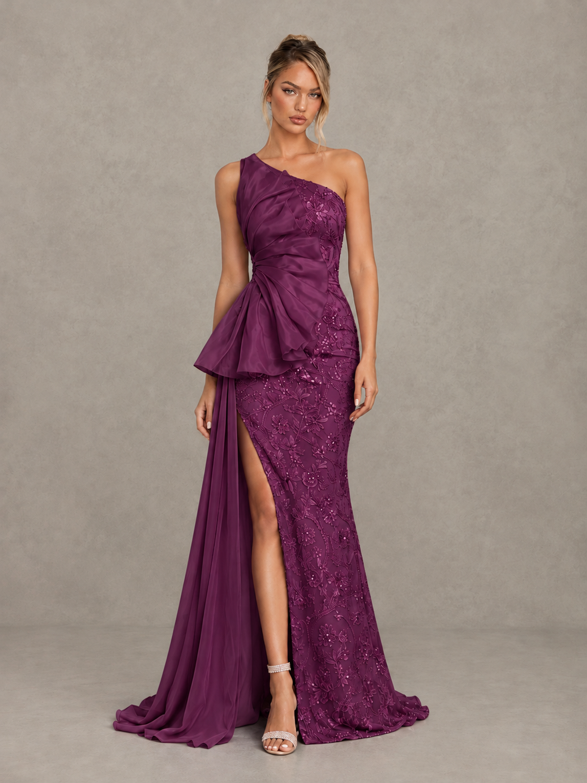 BOLODOO Plum One-Shoulder Floral Lace Evening Gown with High Slit - Plum - Plum (1)