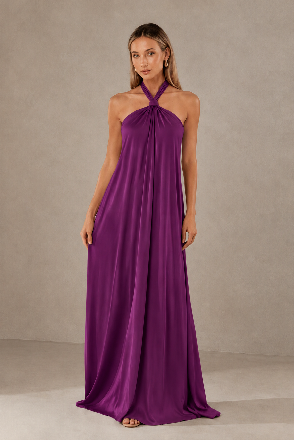 BOLODOO Plum Backless Halter Satin Bridesmaid Dress - Plum