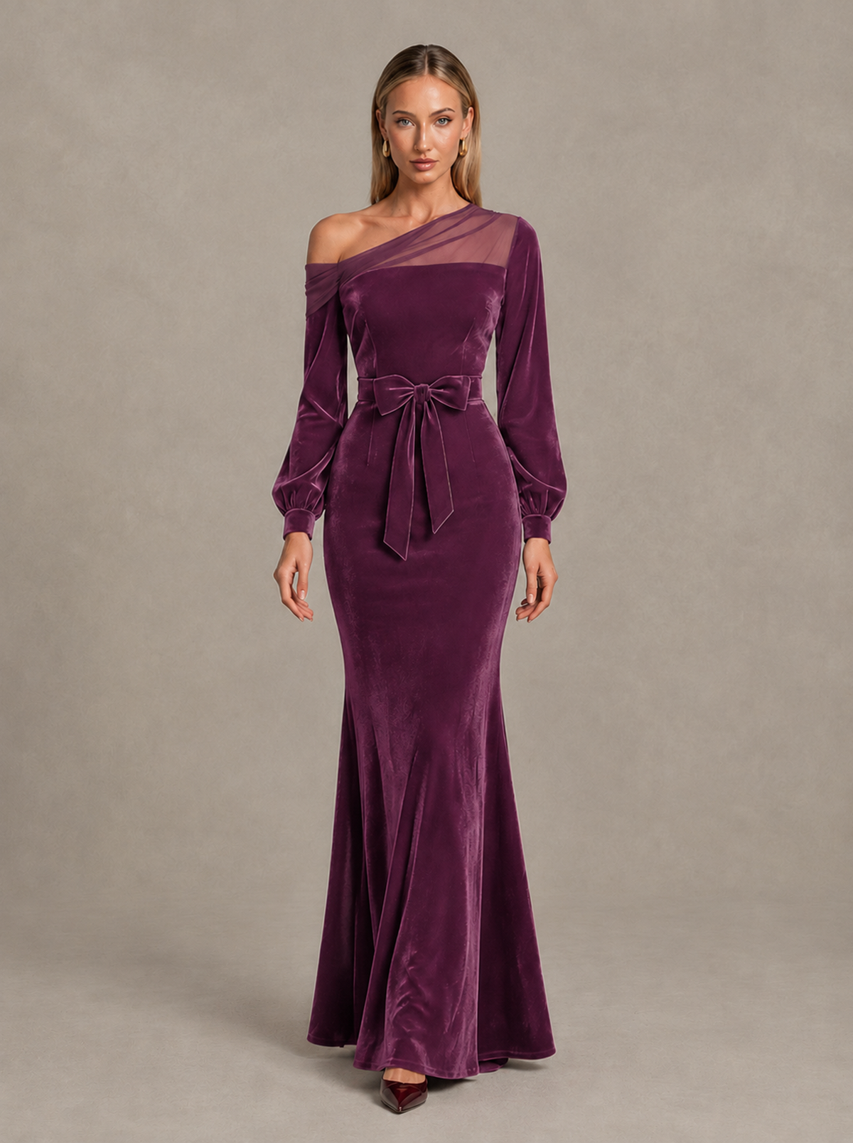 BOLODOO Plum Velvet Mermaid Evening Dress with Long Sleeves - Plum - Plum (1)