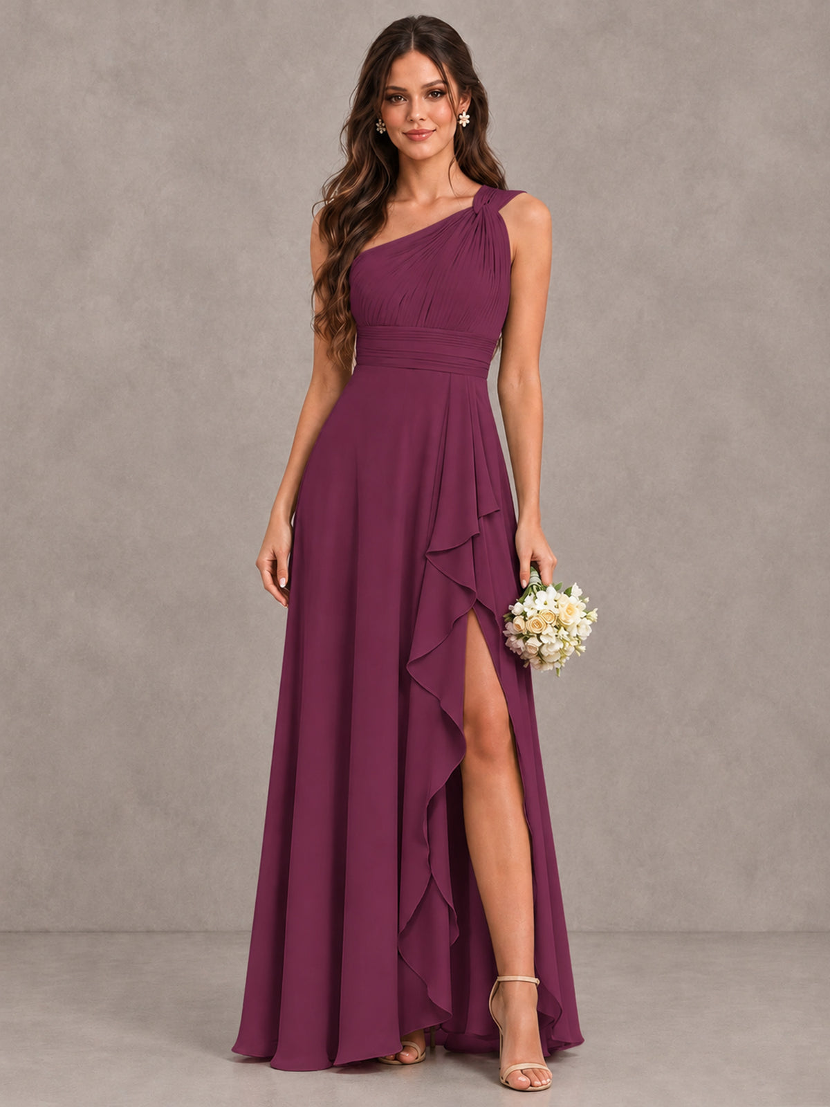BOLODOO Plum One-Shoulder Ruffle Bridesmaid Dress with Slit - Plum - Plum (1)