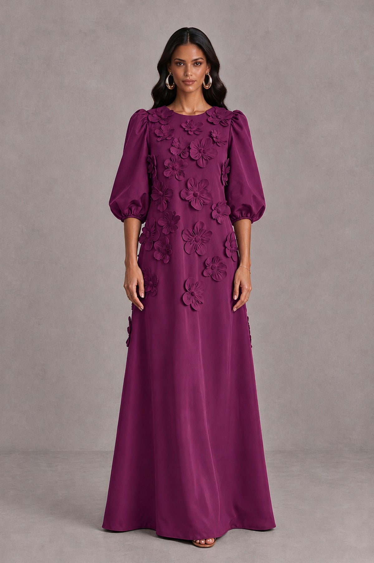 BOLODOO Plum Floral Applique Puff Sleeve A-Line Evening Dress - Plum - Plum (1)