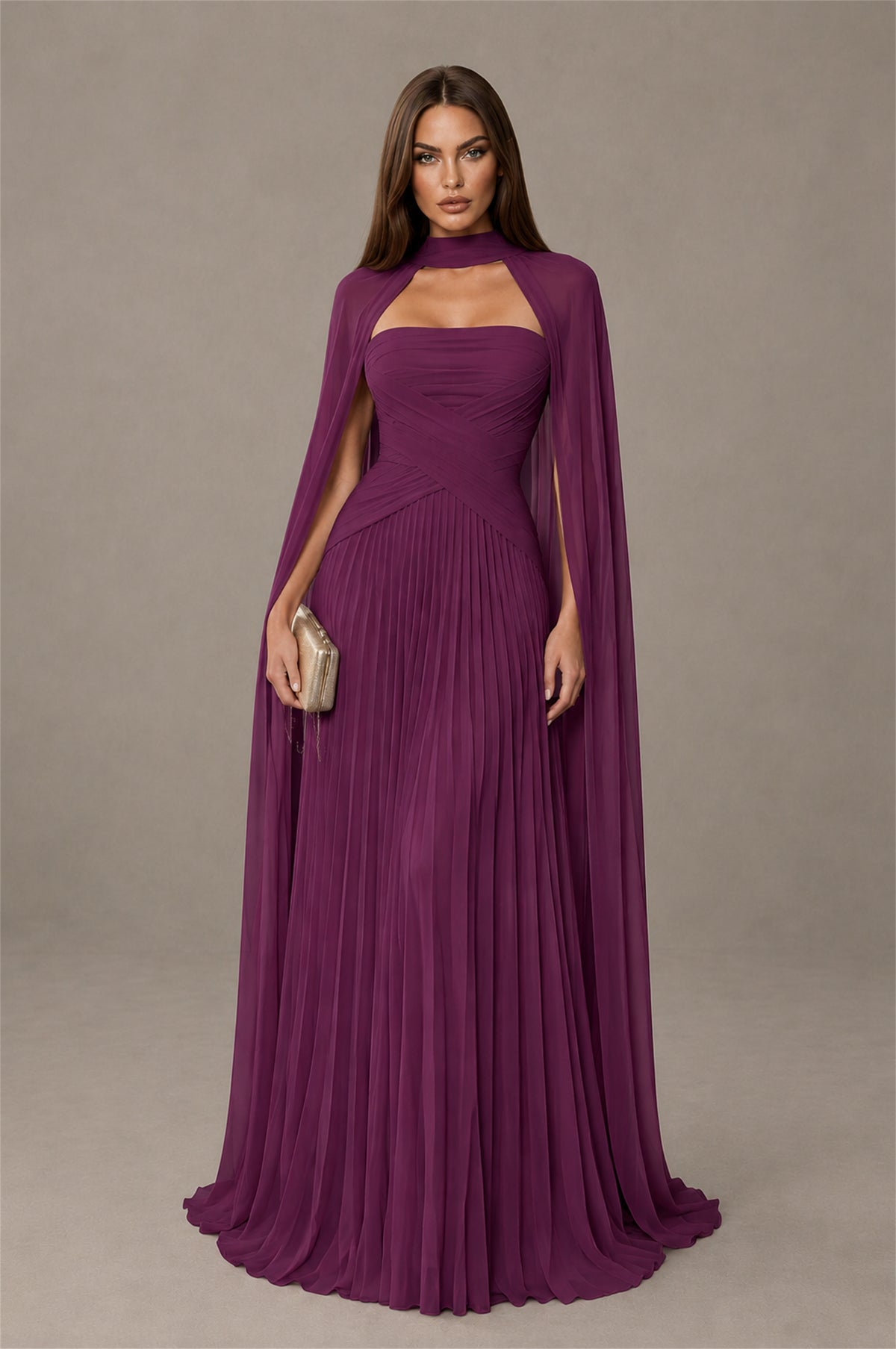 BOLODOO Plum Strapless Crossover Ruched Bodice Detached Turtleneck Cape Lace-Up Back Pleated Chiffon Maxi Dress - Plum