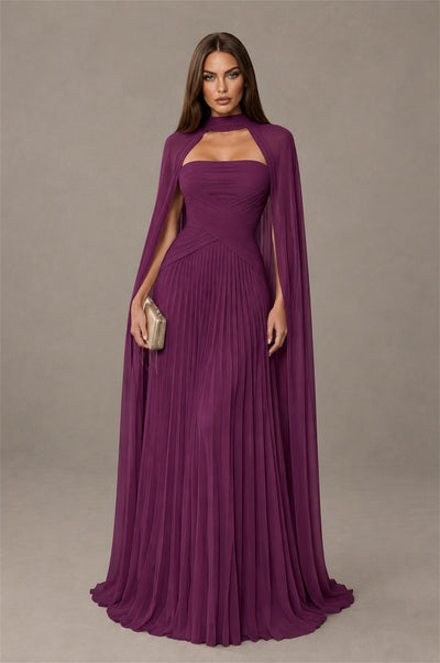 BOLODOO Plum Strapless Crossover Ruched Bodice Detached Turtleneck Cape Lace-Up Back Pleated Chiffon Maxi Dress - Plum