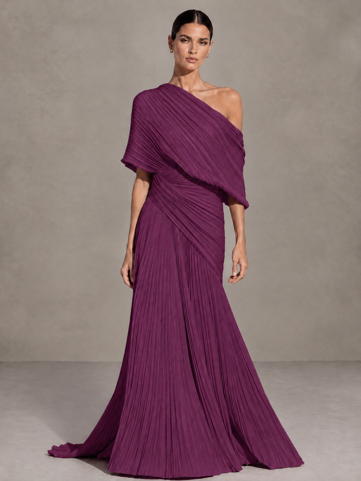 BOLODOO Plum One-Shoulder Pleated Cape Evening Gown with Train - Plum - Plum (1)