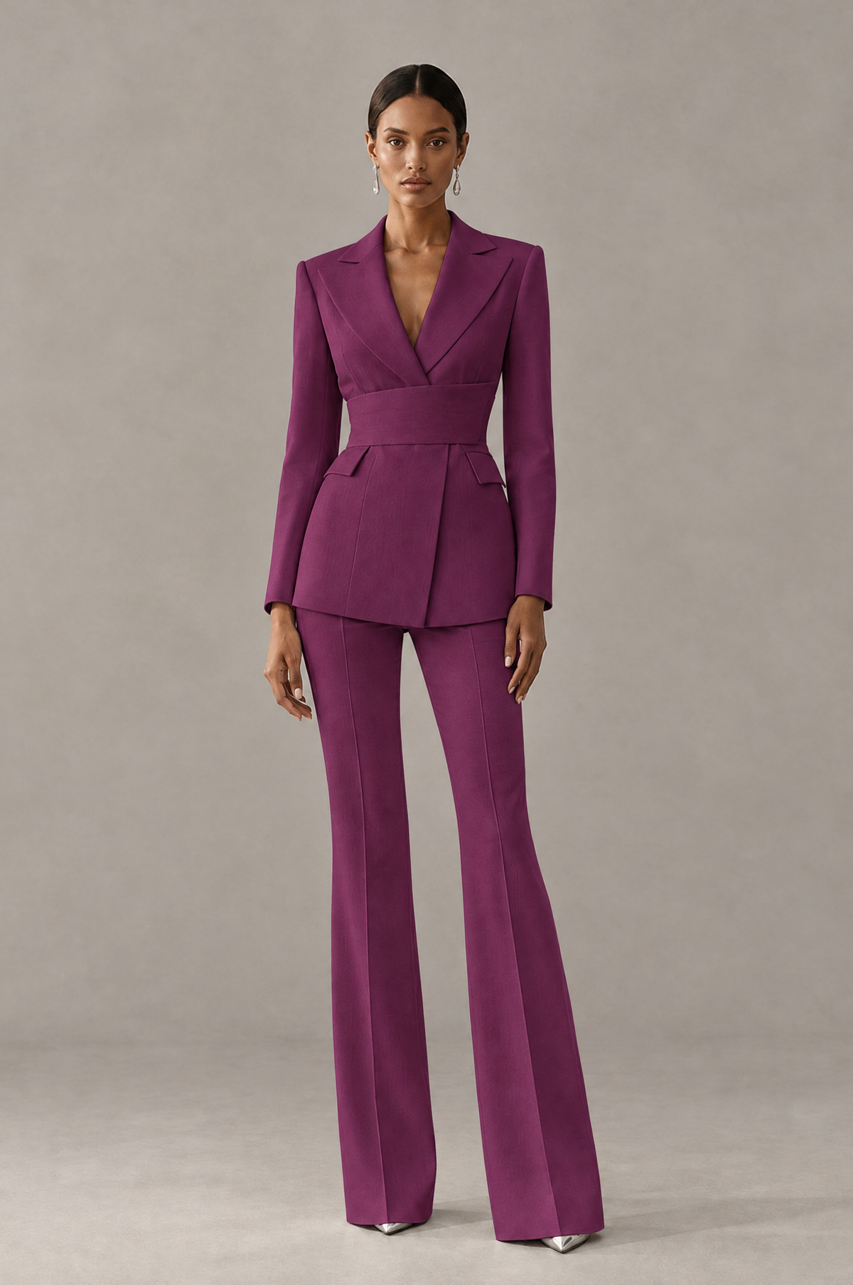 BOLODOO Plum Two-Piece Pantsuit with Tailored Blazer & Flared Pants - Plum - Plum (1)