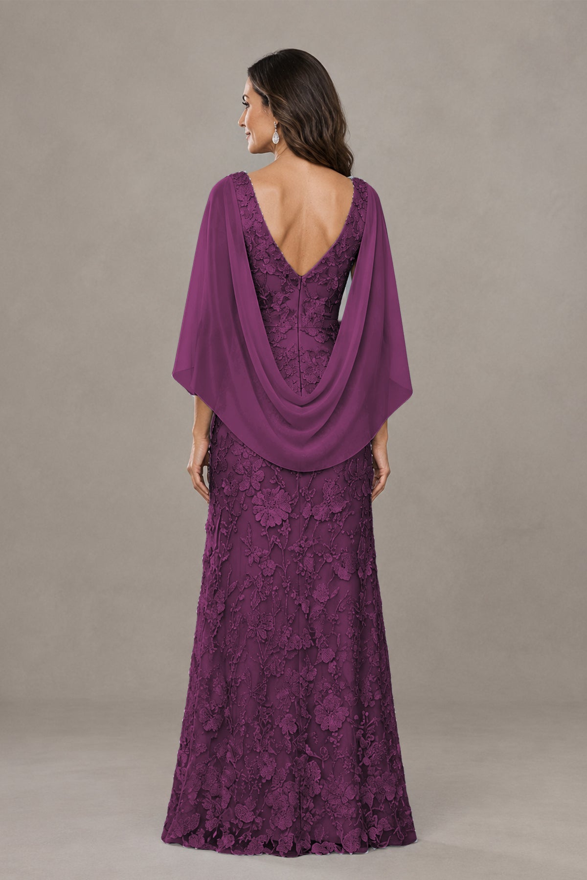 BOLODOO Plum Lace Mother of the Bride Dress with Cape Sleeves - Plum