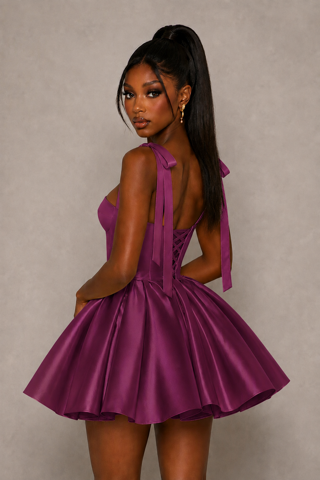 BOLODOO Plum Satin Sweetheart Corset Bow Strap Lace-Up Open Back Full Skirt Mini Dress | Prom Cocktail Party Dress - Plum