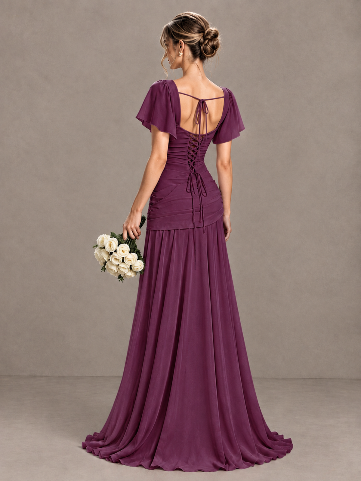 BOLODOO Plum Flutter Sleeve Lace-Up Back Maxi Dress - Plum - Plum (2)