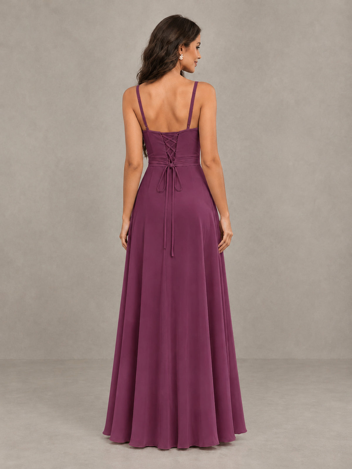 BOLODOO Plum Spaghetti Strap Ruffle Bridesmaid Dress with Slit - Plum - Plum (2)