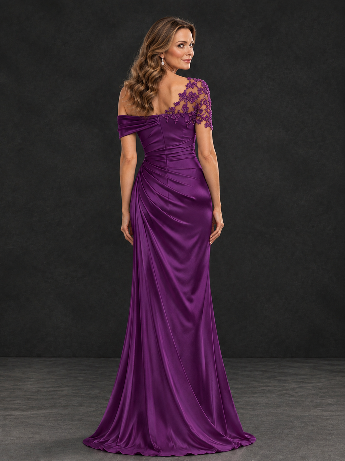 BOLODOO Plum Asymmetric Satin Mother of the Bride Dress with Lace Sleeve - Plum - Plum (2)