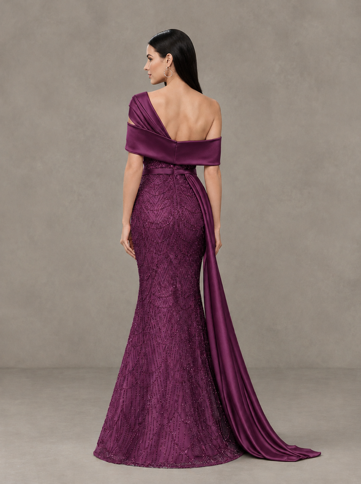 BOLODOO Plum Asymmetric Draped Mermaid Evening Gown with Train - Plum - Plum (2)