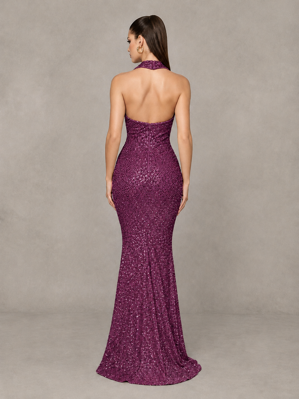 BOLODOO Plum Sequin Halter Mermaid Evening Gown - Plum - Plum (2)