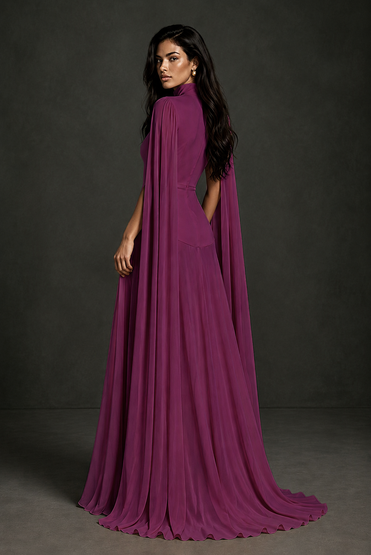 BOLODOO Plum Mock Neck Cape Sleeve A-Line Chiffon Maxi Dress - Plum
