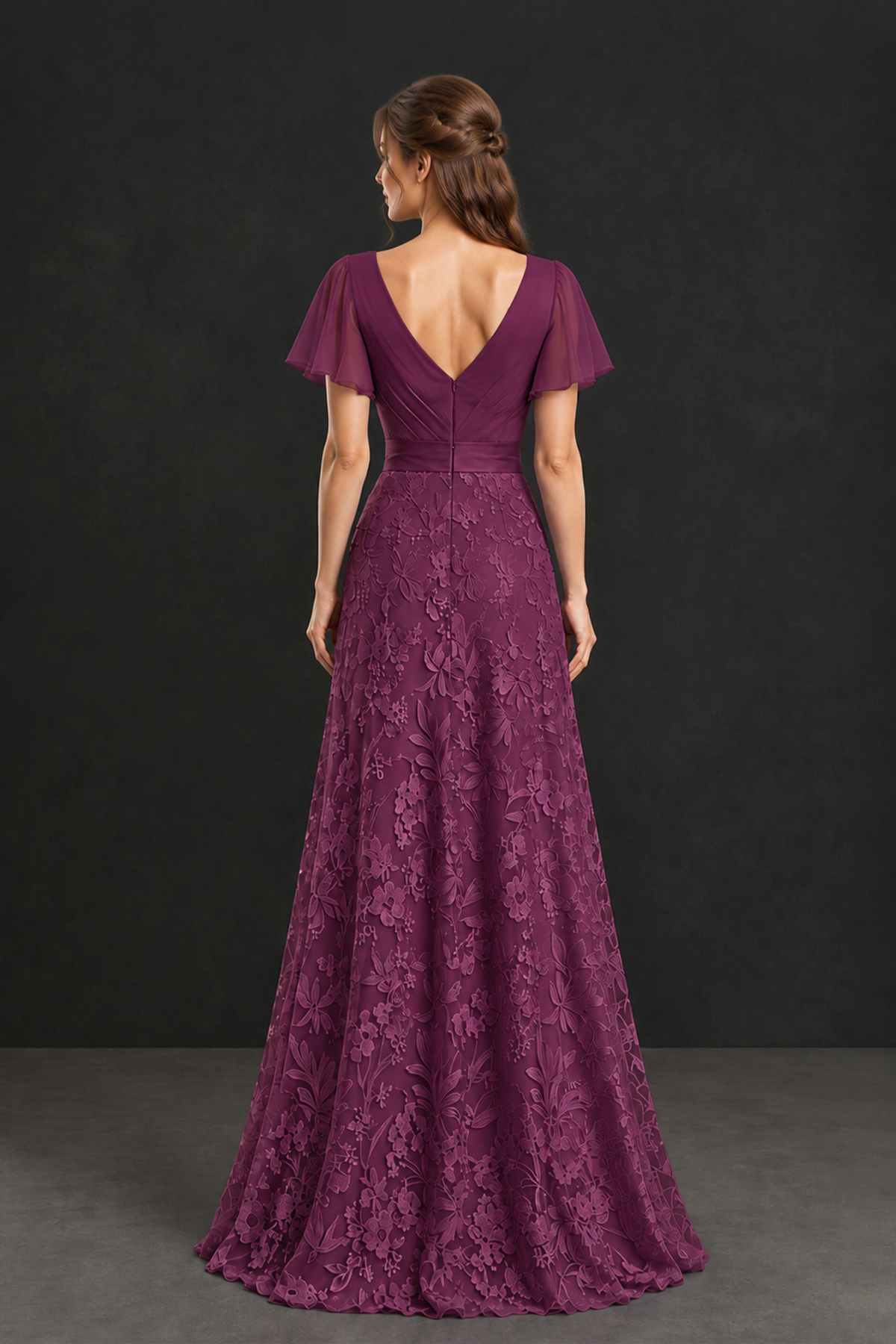 BOLODOO Plum Flutter Sleeve Lace Mother of the Bride Dress - Plum
