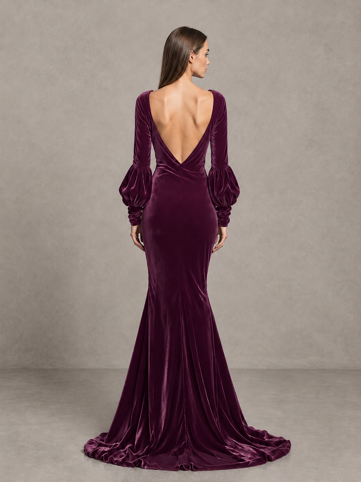 BOLODOO Plum Velvet V-Neck Long Sleeve Open Back Mermaid Evening Gown - Plum - Plum (2)