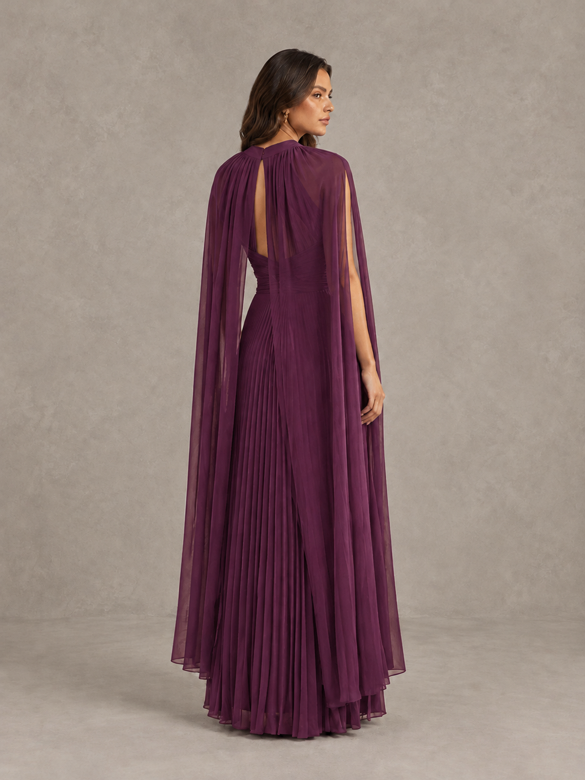 BOLODOO Plum Pleated Cape Maxi Wedding Guest Dress - Plum - Plum (2)