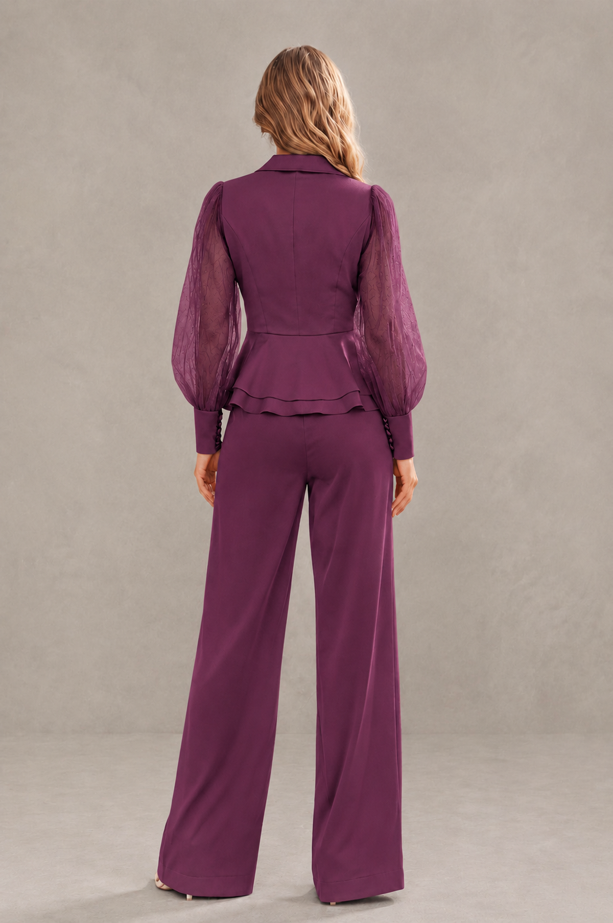 BOLODOO Mint Plum Peplum Blazer Wide-Leg Pantsuit with Sheer Puff Sleeves - Plum