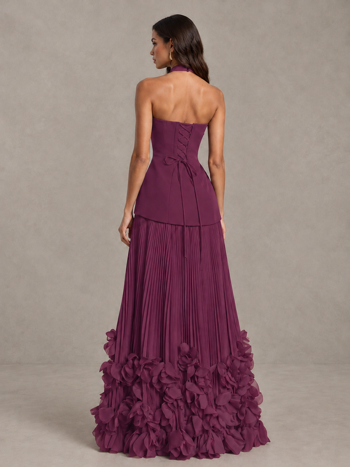 BOLODOO Plum Halter Neck Floor-Length Evening Gown with High Slit & 3D Floral Hem - Plum - Plum (2)