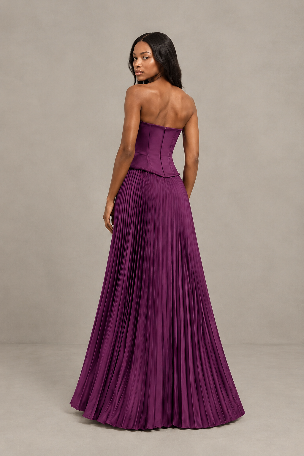 BOLODOO Plum Strapless Pleated Satin Evening Prom Dress - Plum