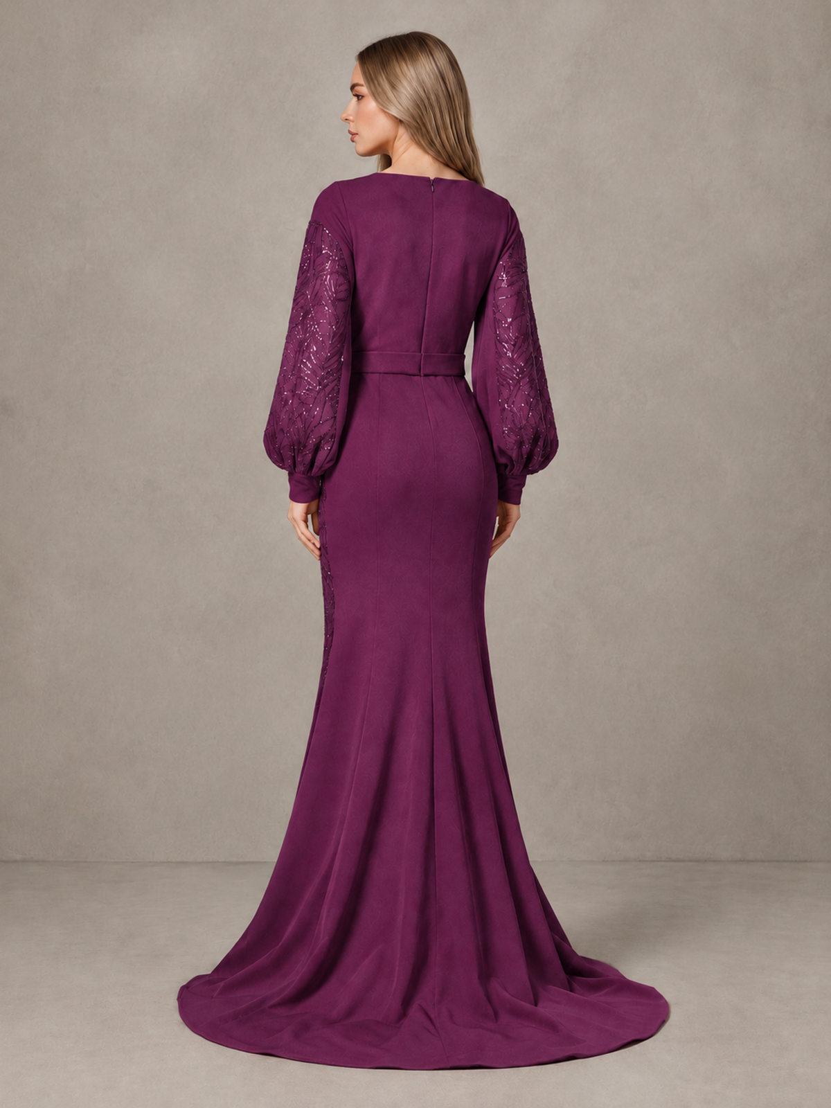 BOLODOO Plum Sequin Long Bishop Sleeve Mermaid Evening Dress - Plum - Plum (2)