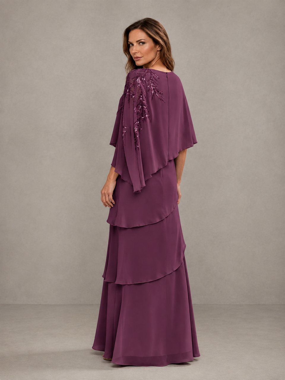 BOLODOO Plum Mocha Asymmetric Cape Sleeve Plum Sequin Embroidered Pearl Trim Tiered Chiffon Gown - Plum
