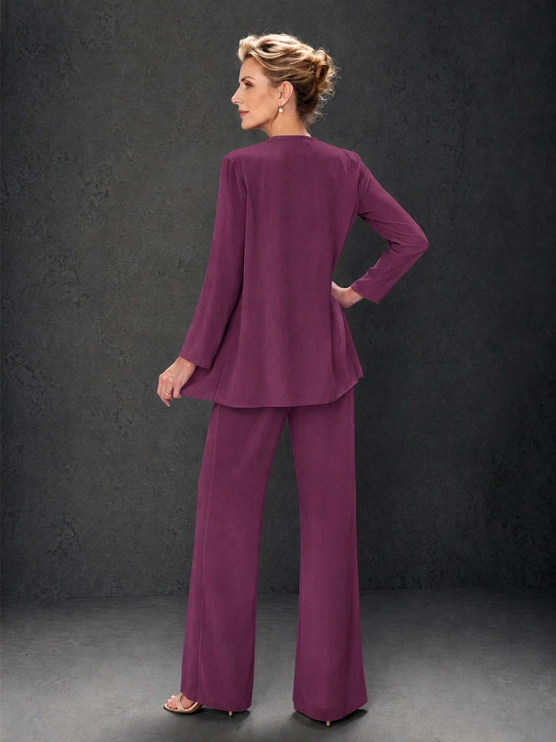 BOLODOO Plum 3-Piece Mother of the Bride Pant Suit with Beaded Top & Chiffon Jacket - Plum