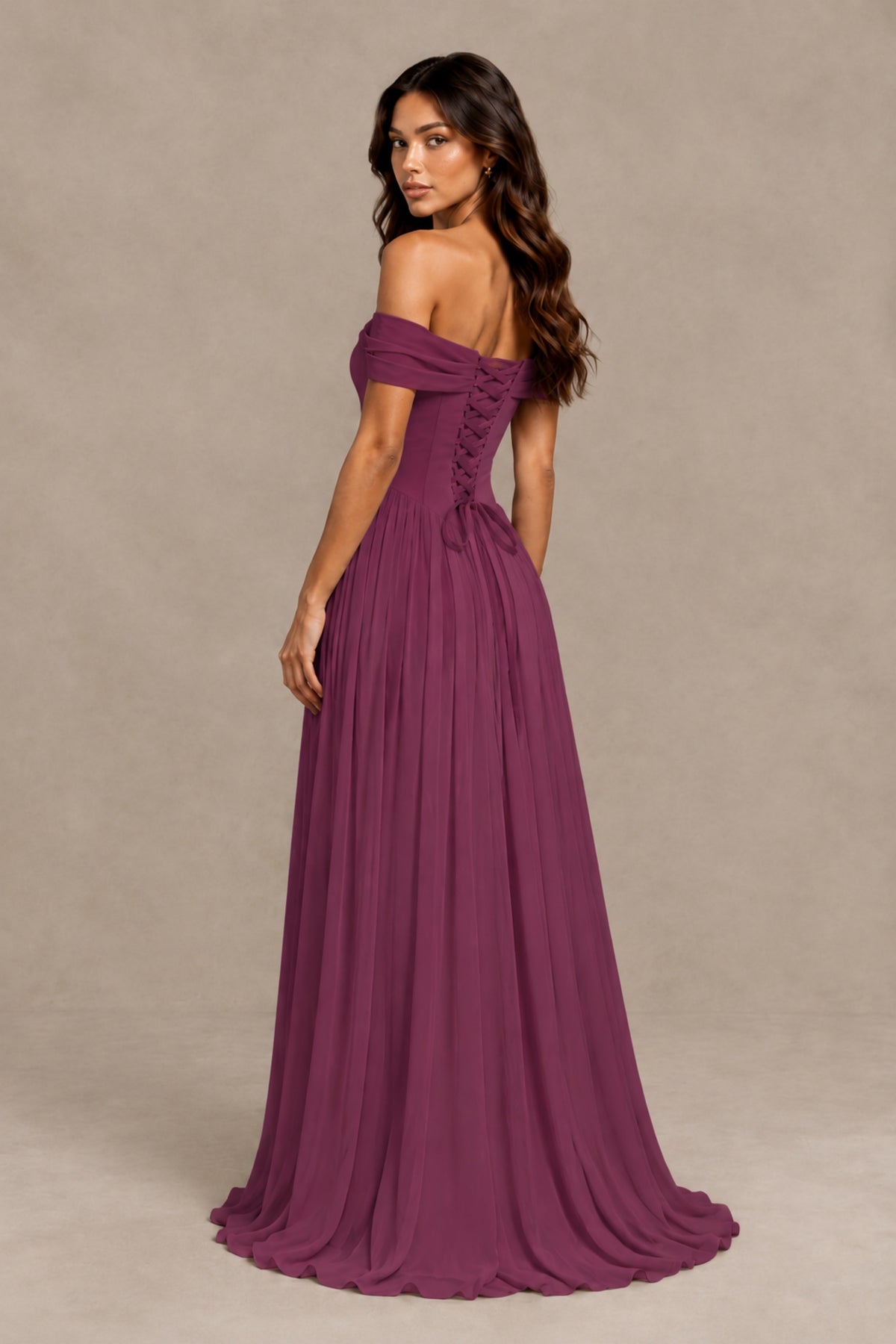 BOLODOO Plum Off-Shoulder Sweetheart Corset Pleated Chiffon Maxi Dress - Plum - Plum (2)
