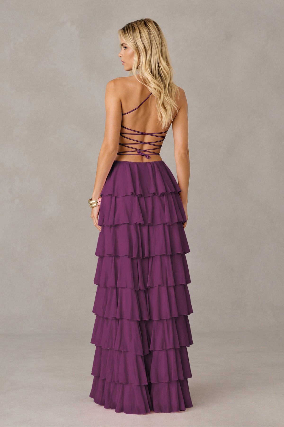 BOLODOO Plum Strapless Tiered Ruffle Maxi Dress with Slit & Lace-Up Back - Plum