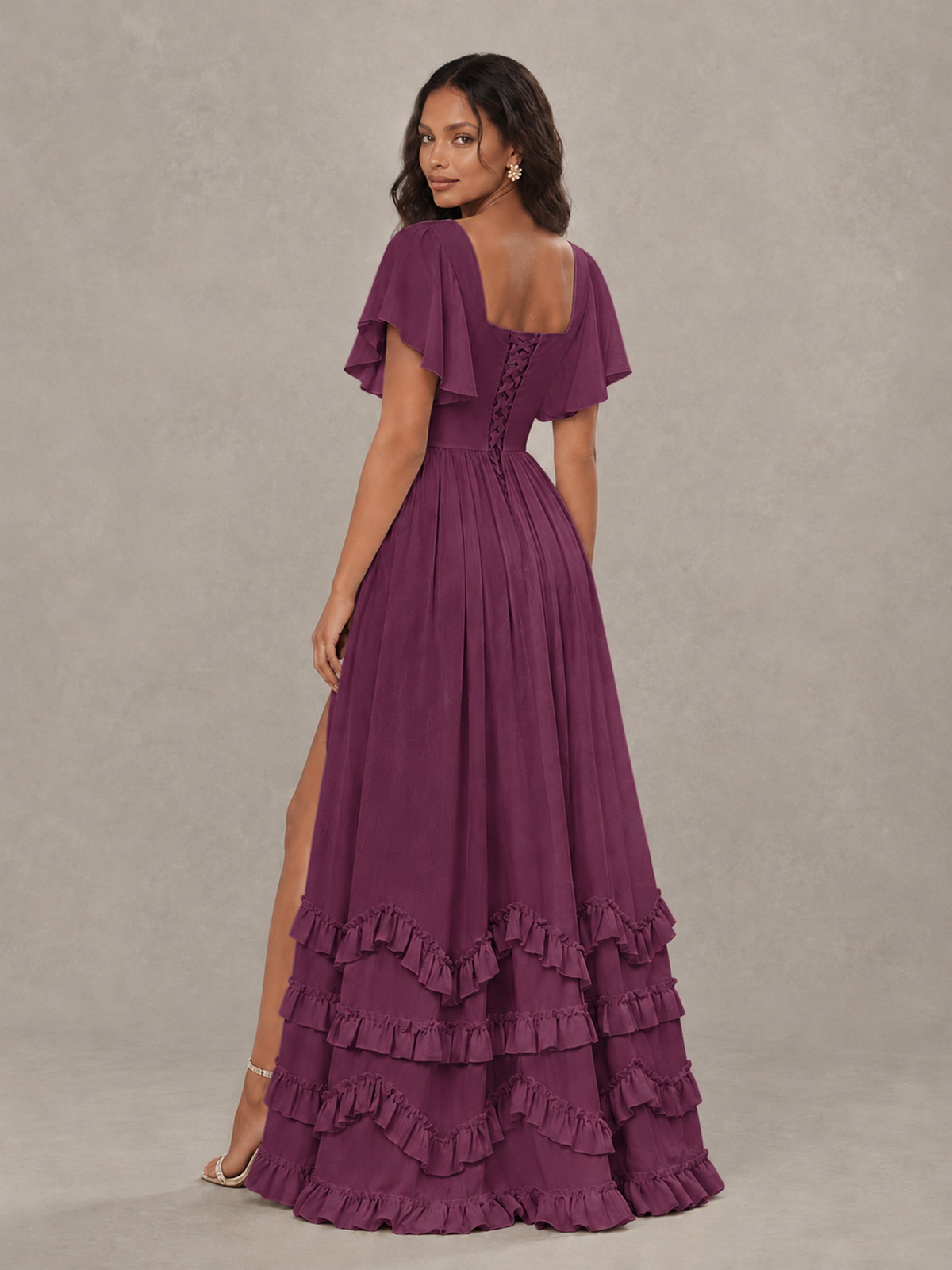 BOLODOO Plum V-Neck Flutter Sleeve Ruffle Bridesmaid Dress with Slit - Plum - Plum (2)