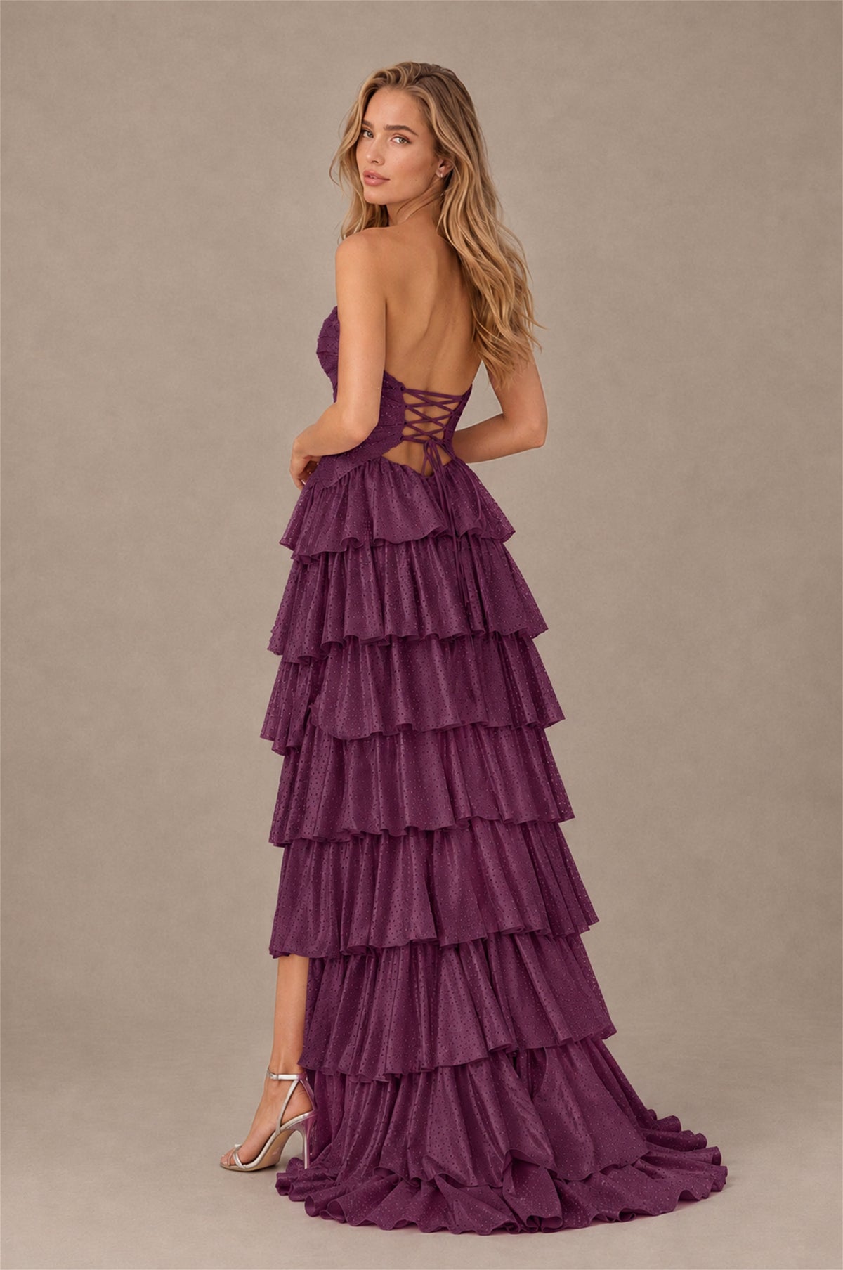 BOLODOO Plum Strapless Cutout Tiered Ruffle Prom Dress with High Slit - Plum - Plum (2)