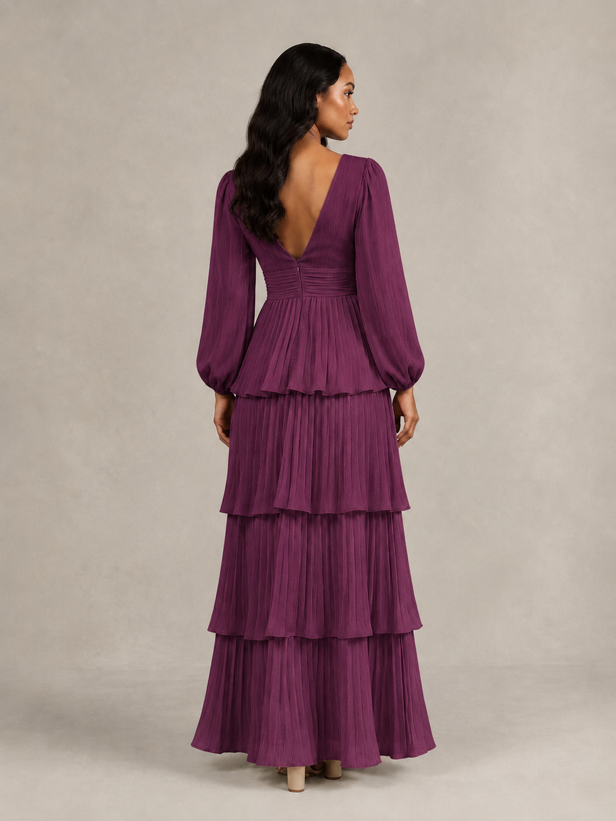 BOLODOO Plum Long-Sleeve Tiered Maxi Dress with Deep V-Neck - Plum