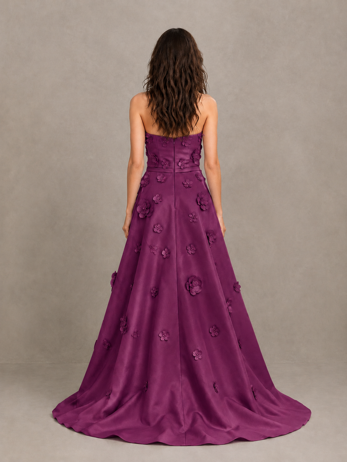 BOLODOO Plum Strapless 3D Floral Applique Prom Gown with Draped Skirt - Plum - Plum (2)