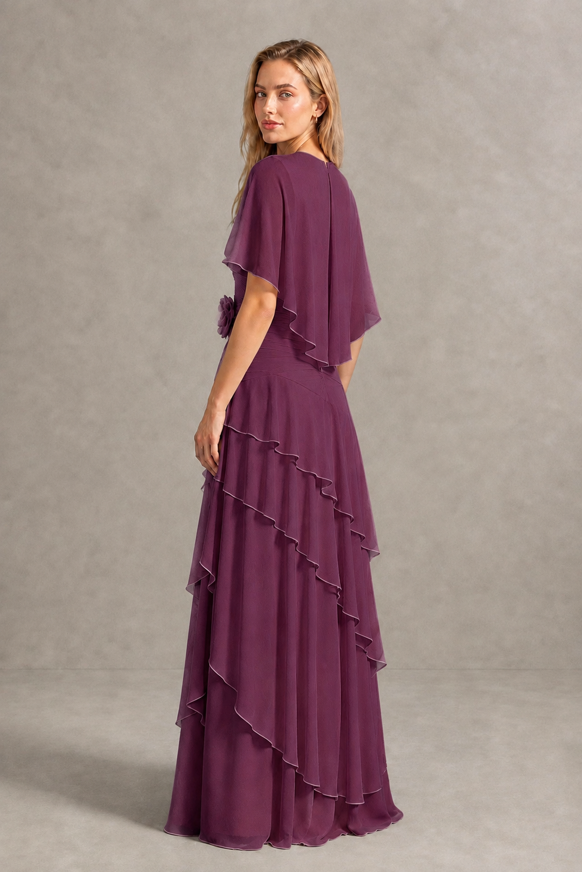 BOLODOO Plum Chiffon Flutter Sleeve Tiered Maxi Dress with 3D Rosette - Plum