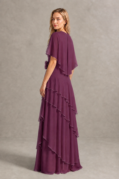 BOLODOO Plum Chiffon Flutter Sleeve Tiered Maxi Dress with 3D Rosette - Plum