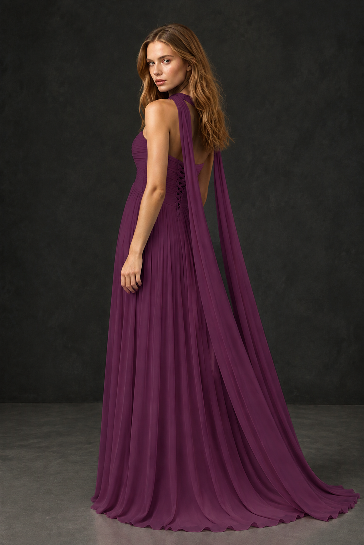 BOLODOO Plum Sweetheart Strapless Twist Knot Detached Halter Scarf Lace-Up Back Empire Waist Chiffon Maxi Dress - Plum