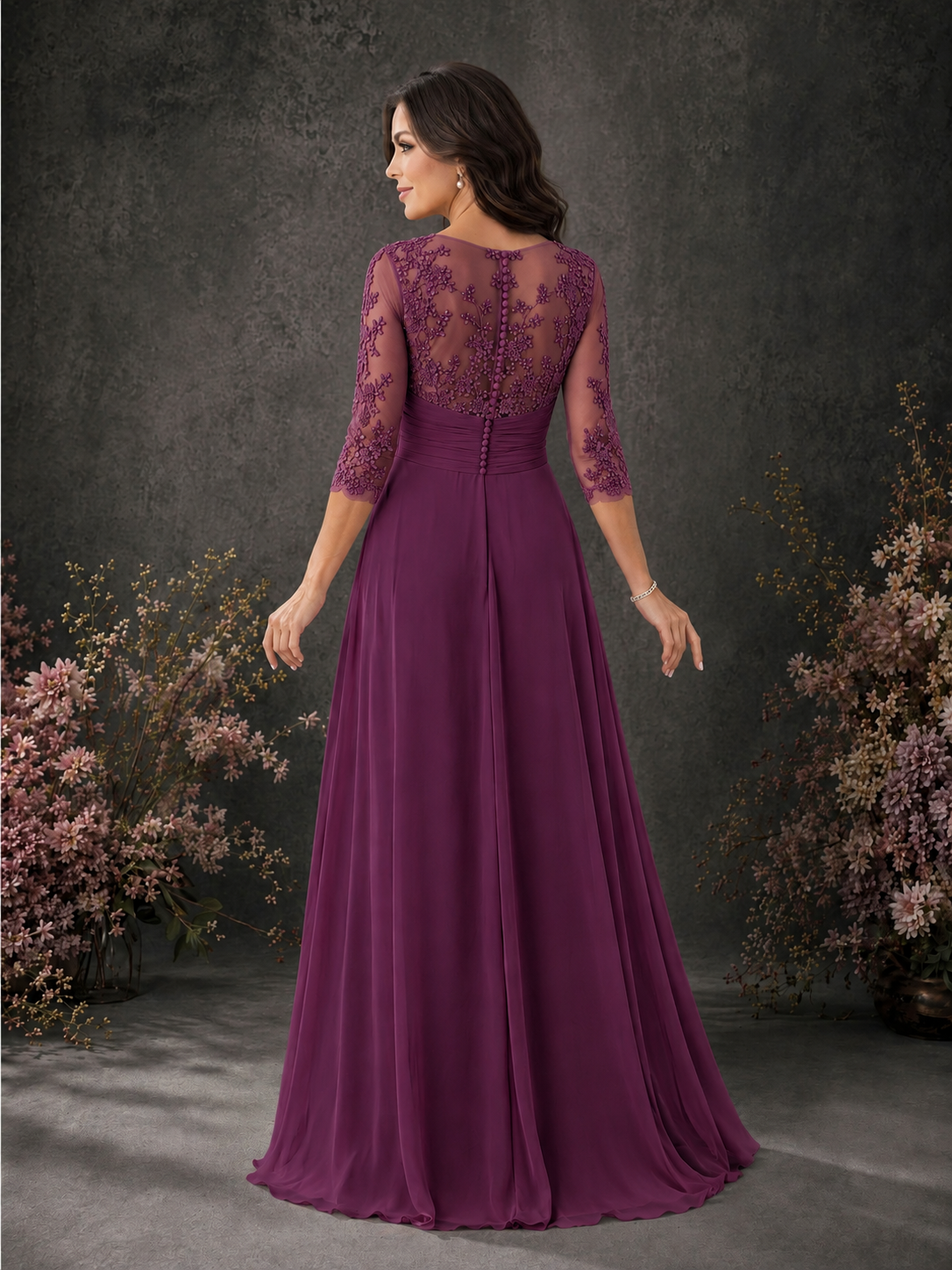 BOLODOO Plum Chiffon Lace Illusion Neckline 3/4 Sleeve Floor Length Formal Gown - Plum