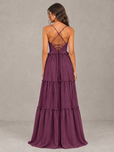 BOLODOO Plum Tiered V-Neck Lace-Up Back Bridesmaid Dress - Plum - Plum (2)