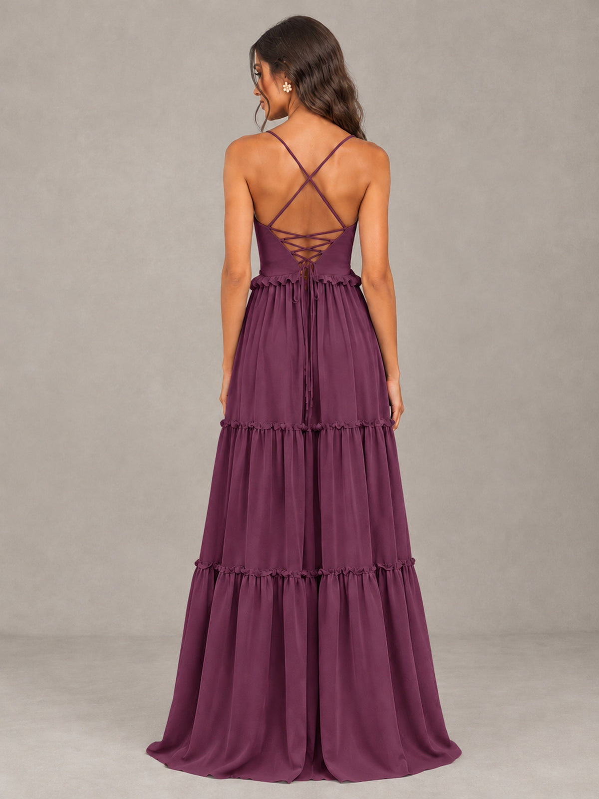 BOLODOO Plum Tiered V-Neck Lace-Up Back Bridesmaid Dress - Plum - Plum (2)