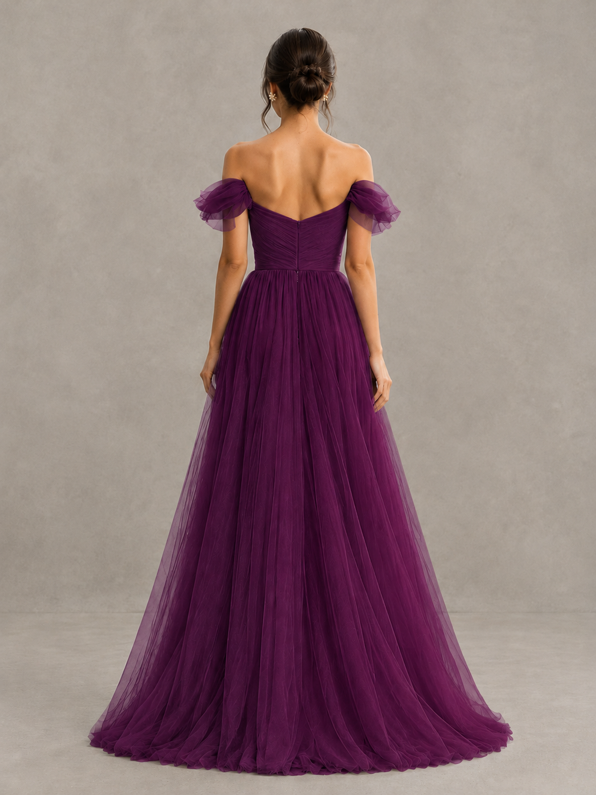 BOLODOO Plum Off-the-Shoulder Ruffle Sleeve A-Line Bridesmaid Dress - Plum - Plum (2)
