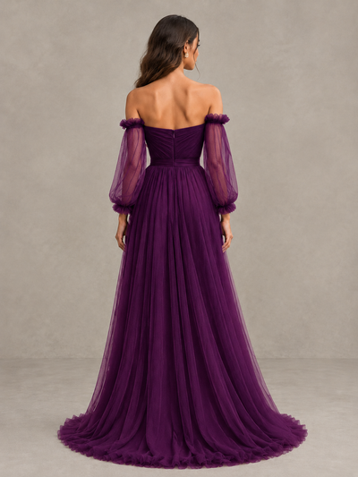 BOLODOO Plum Off-the-Shoulder Long Sleeve A-Line Bridesmaid Dress - Plum - Plum (2)