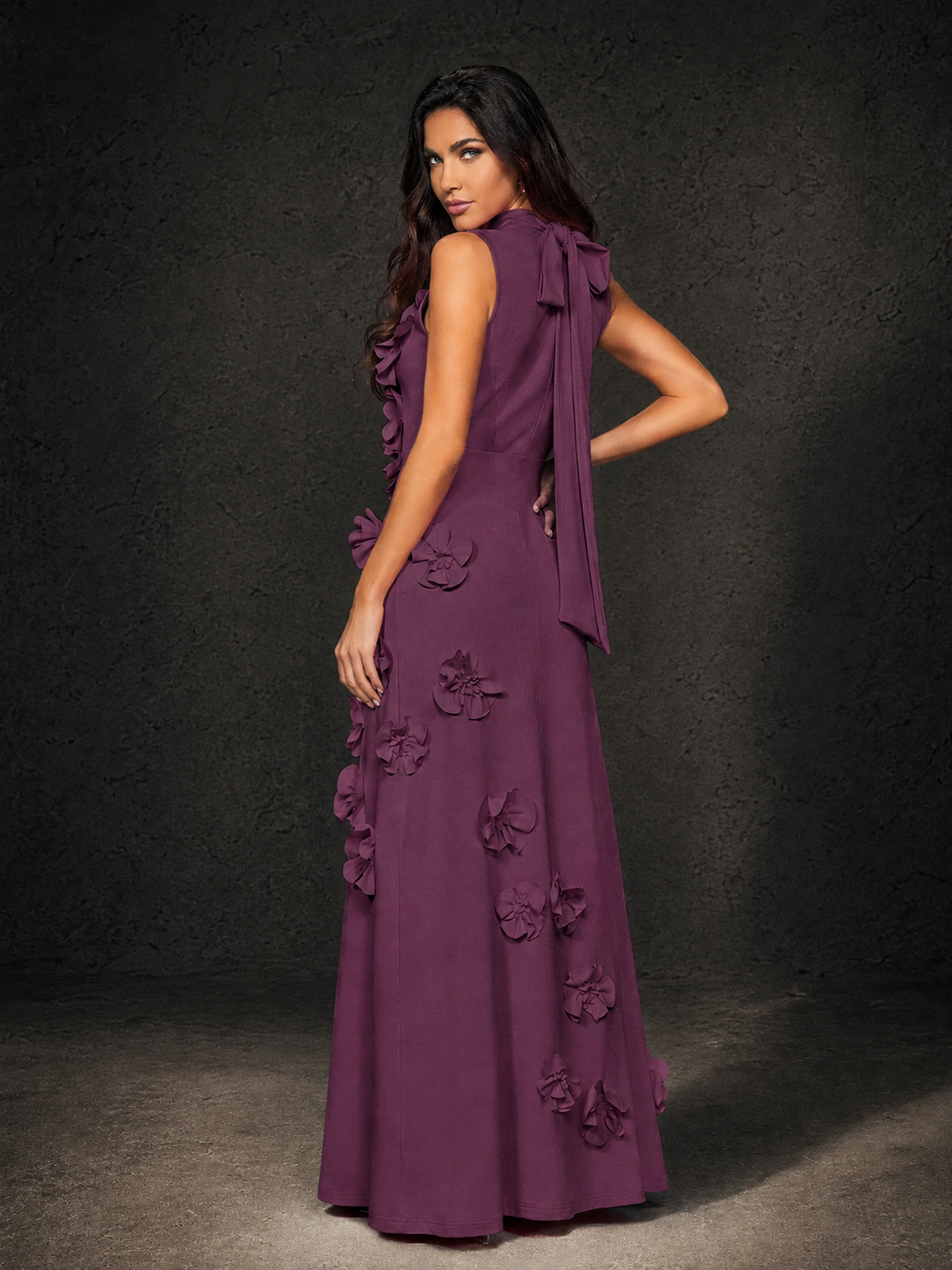 BOLODOO Plum Mock Neck Sleeveless 3D Floral Appliqué Maxi Dress with Bow Back - Plum