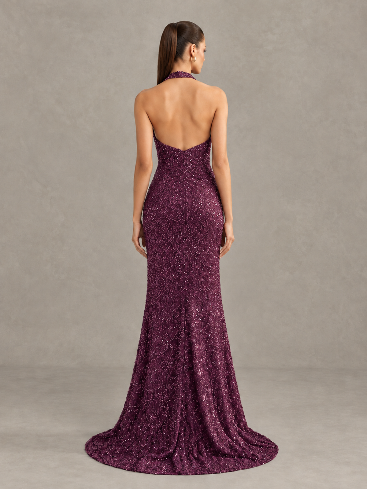 BOLODOO Plum Sequin Halter Open Back Evening Gown with High Slit - Plum - Plum (2)