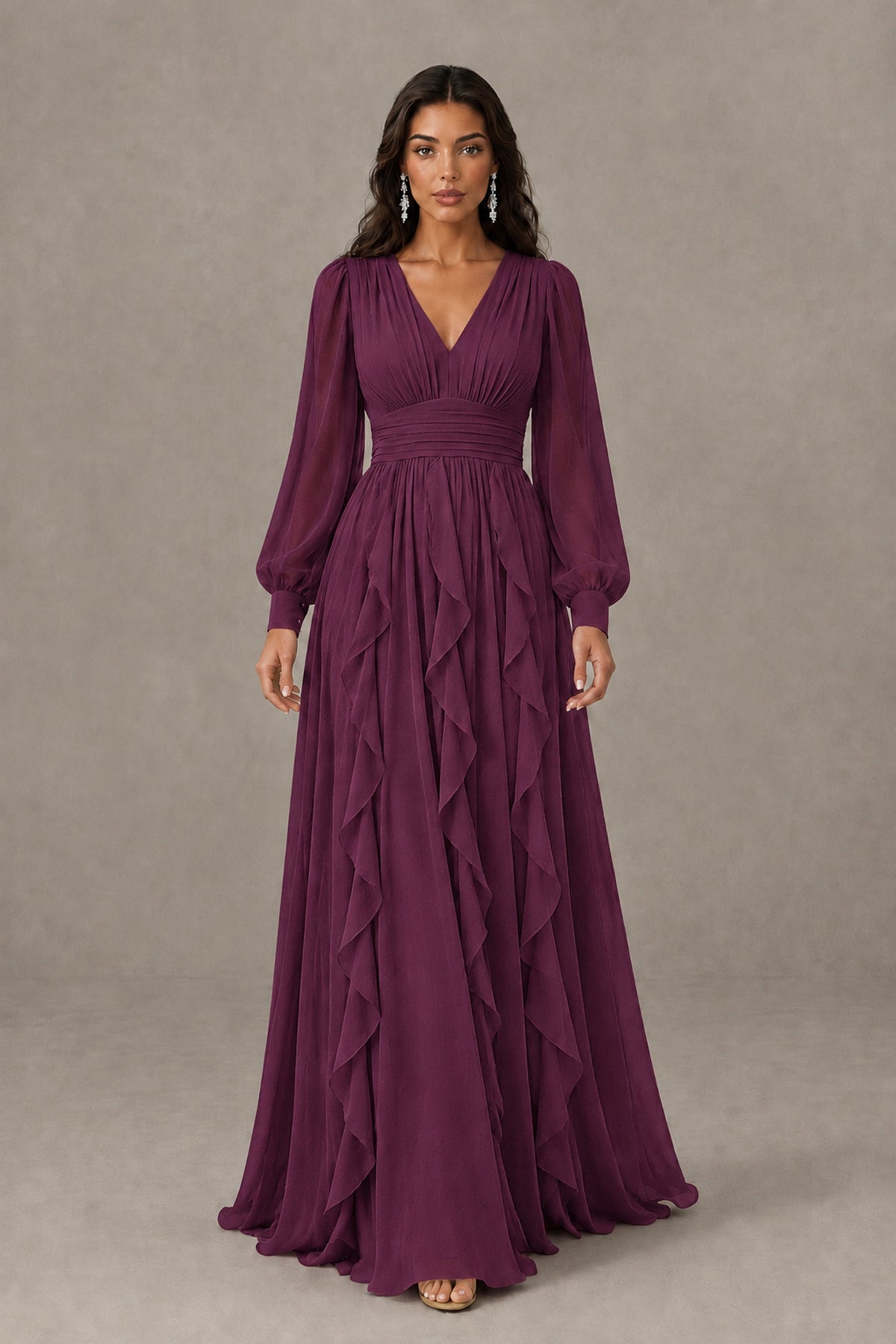 BOLODOO Plum Long Sleeve V-Neck Ruffle Maxi Dress - Plum - Plum (2)