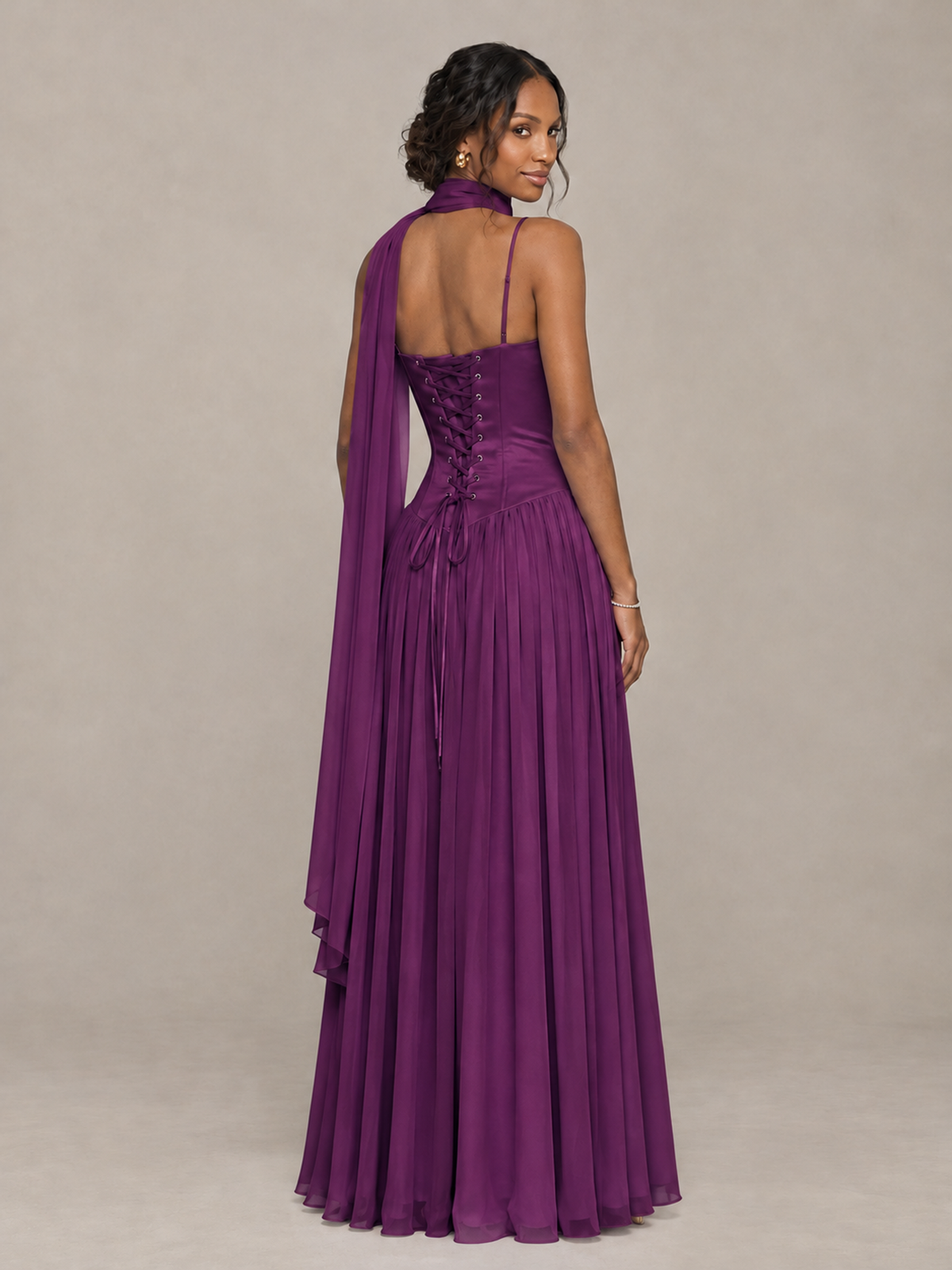 BOLODOO Plum Corset Bridesmaid Dress with Scarf - Plum - Plum (2)