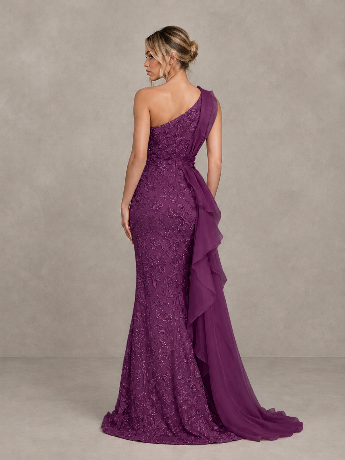 BOLODOO Plum One-Shoulder Floral Lace Evening Gown with High Slit - Plum - Plum (2)