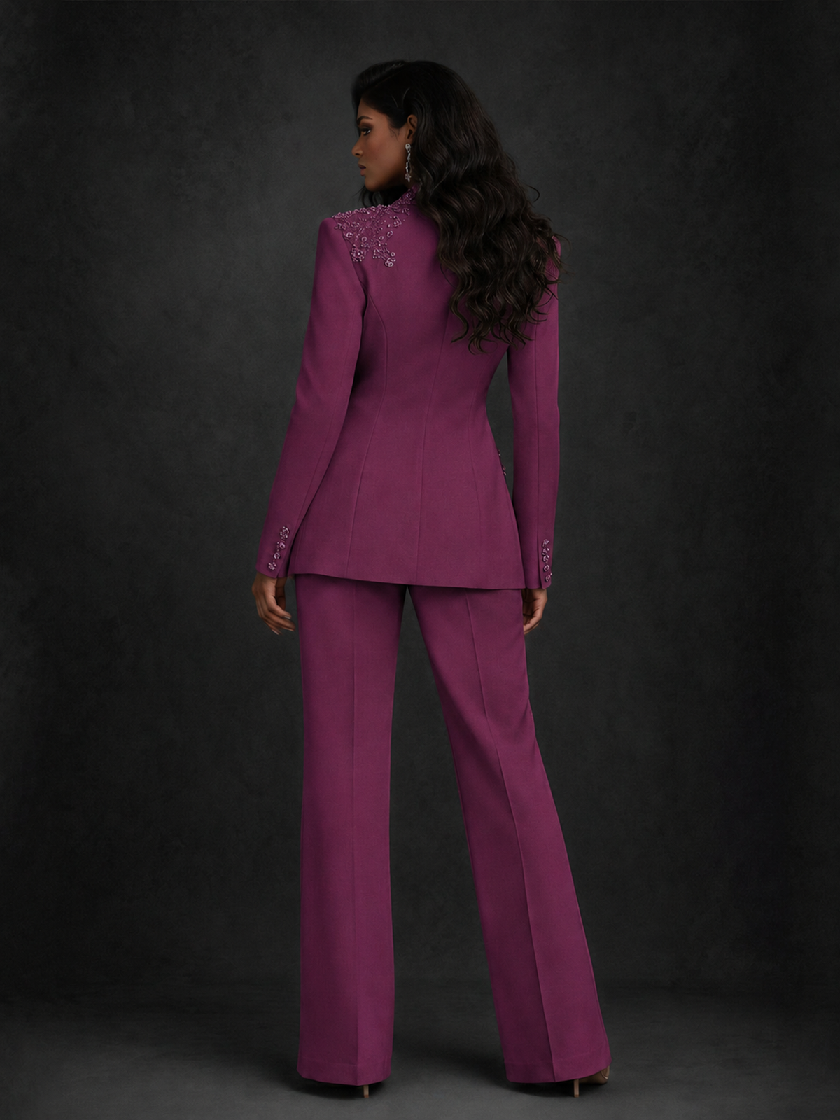Plum Pearl Rhinestone Floral Deep V-Neck Blazer Wide-Leg Pants Suit Set ...