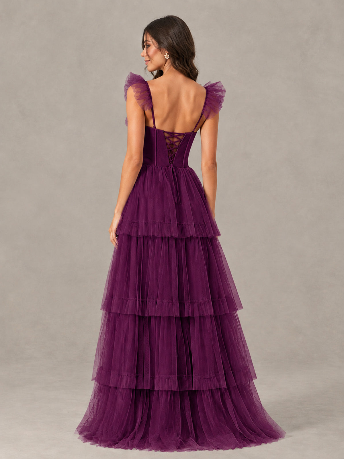 BOLODOO Plum Tiered Tulle Bridesmaid Dress with Slit - Plum - Plum (2)